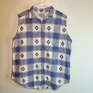 Vintage Sleeveless Blue Plaid Button Down Top Sz L Crosses Western Bikercore 90s